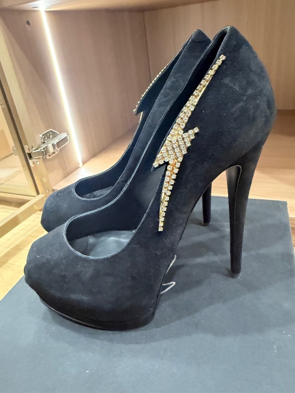 Giuseppe Zanotti Sharon 105 Crystal Lightning Suede Pumps Black 38